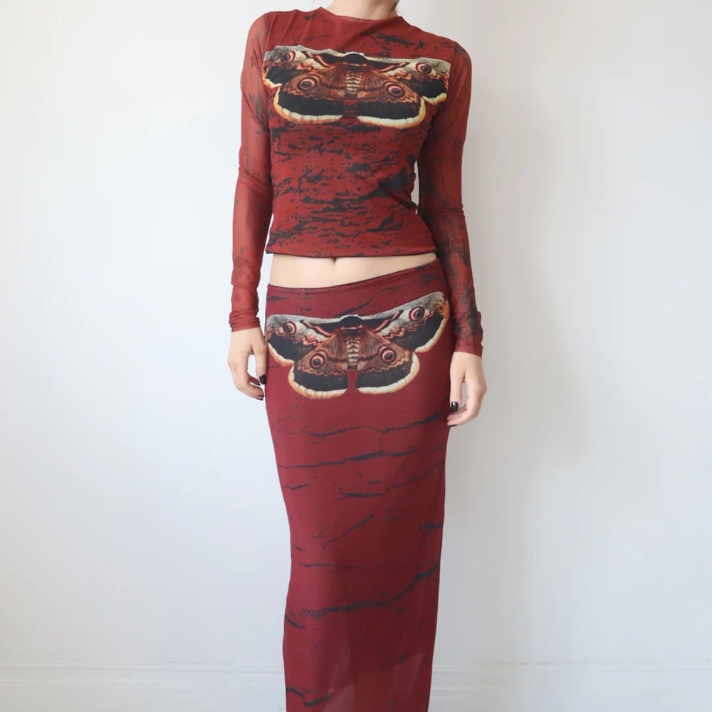 Red Maxi Skirt Set with Moth Design